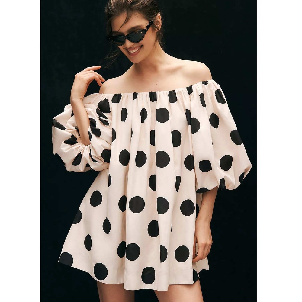 Mare Mare Cream Polkadot Puff Sleeve Off the Shoulder Mini Dress Size Small